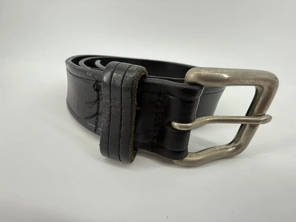 Black Genuine Leather Belt Wide Heavy Duty Silver Buckle Size 32